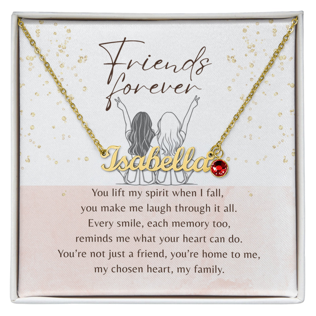 Custom Name Necklace with Birthstone for Best Friend – A Meaningful Gift of Friendship | gold necklace with red birthstone in gift box