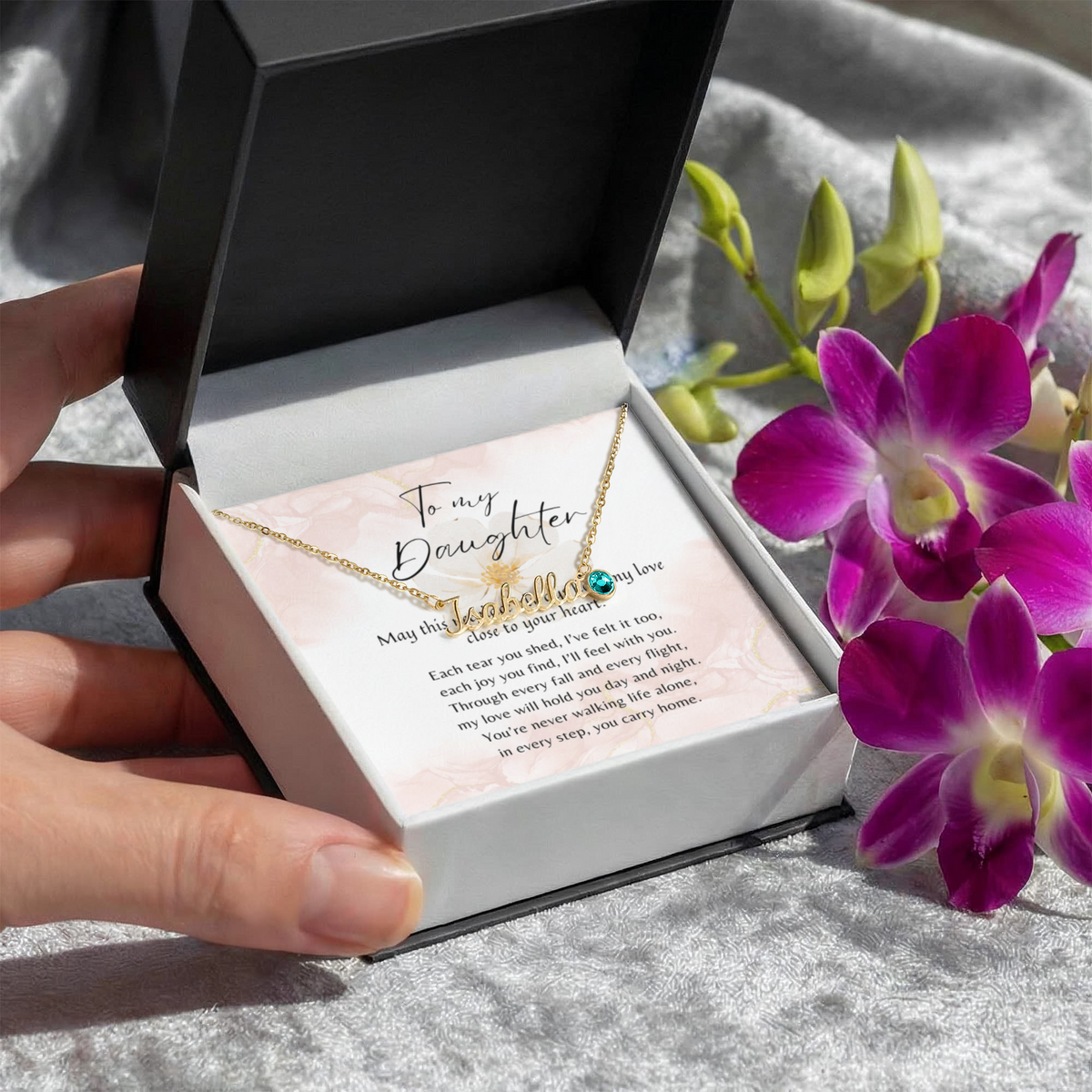 Custom Name Necklace with Birthstone for Daughter – A Meaningful Gift from Parent | gold finish necklace in gift box with message card