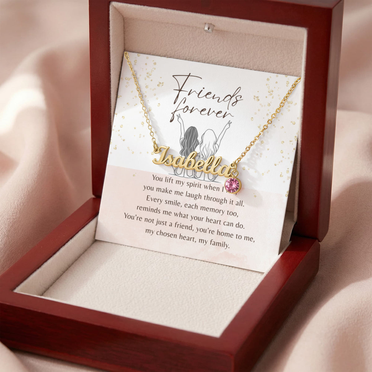 Custom Name Necklace with Birthstone for Best Friend – A Meaningful Gift of Friendship | gold name necklace with pink birthstone in gift box