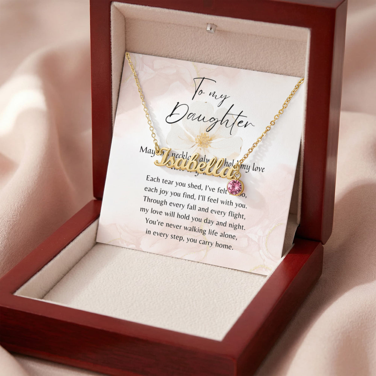 Custom Name Necklace with Birthstone for Daughter – A Meaningful Gift from Parent | gold finish name necklace with pink birthstone in wooden box