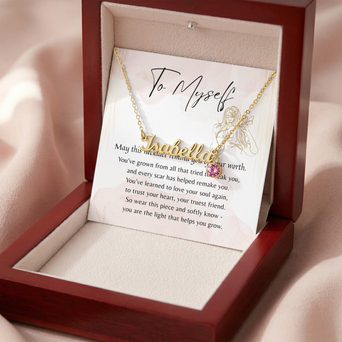 Custom Name Necklace with Birthstone for Myself – A Meaningful Gift for Yourself | gold necklace with pink birthstone in elegant box