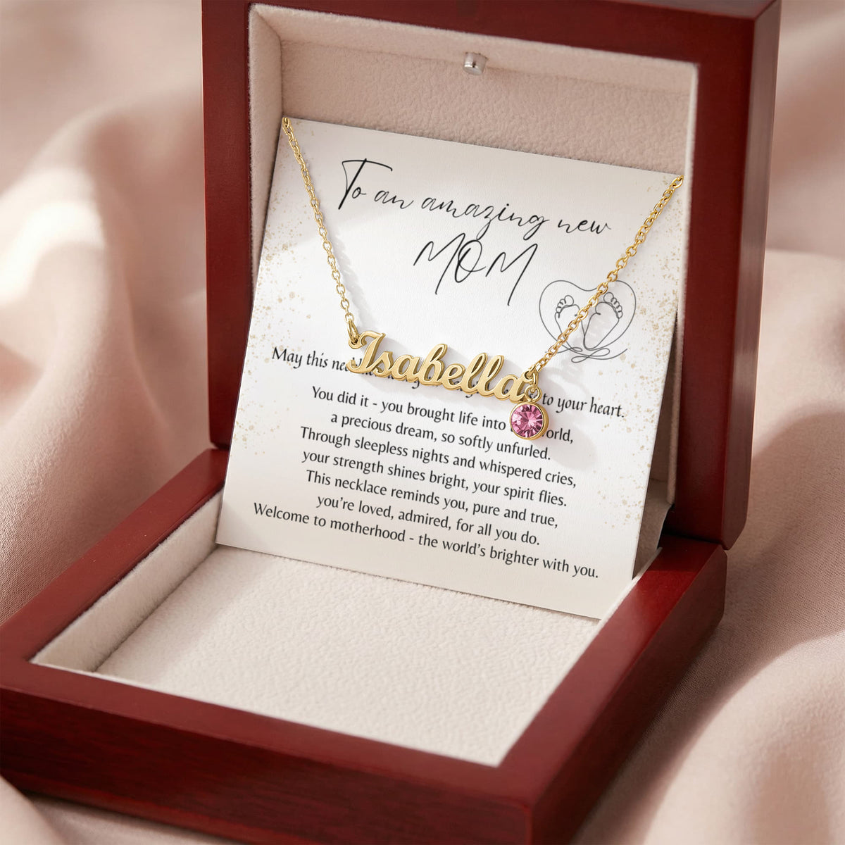 Custom Name Necklace with Birthstone for New Mom – A Meaningful Gift for a New Mom | gold finish name necklace displayed in wooden box with card