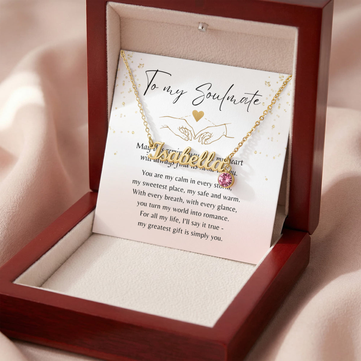 Custom Name Necklace with Birthstone for Her – romantic personalized gold necklace with pink birthstone in elegant gift box