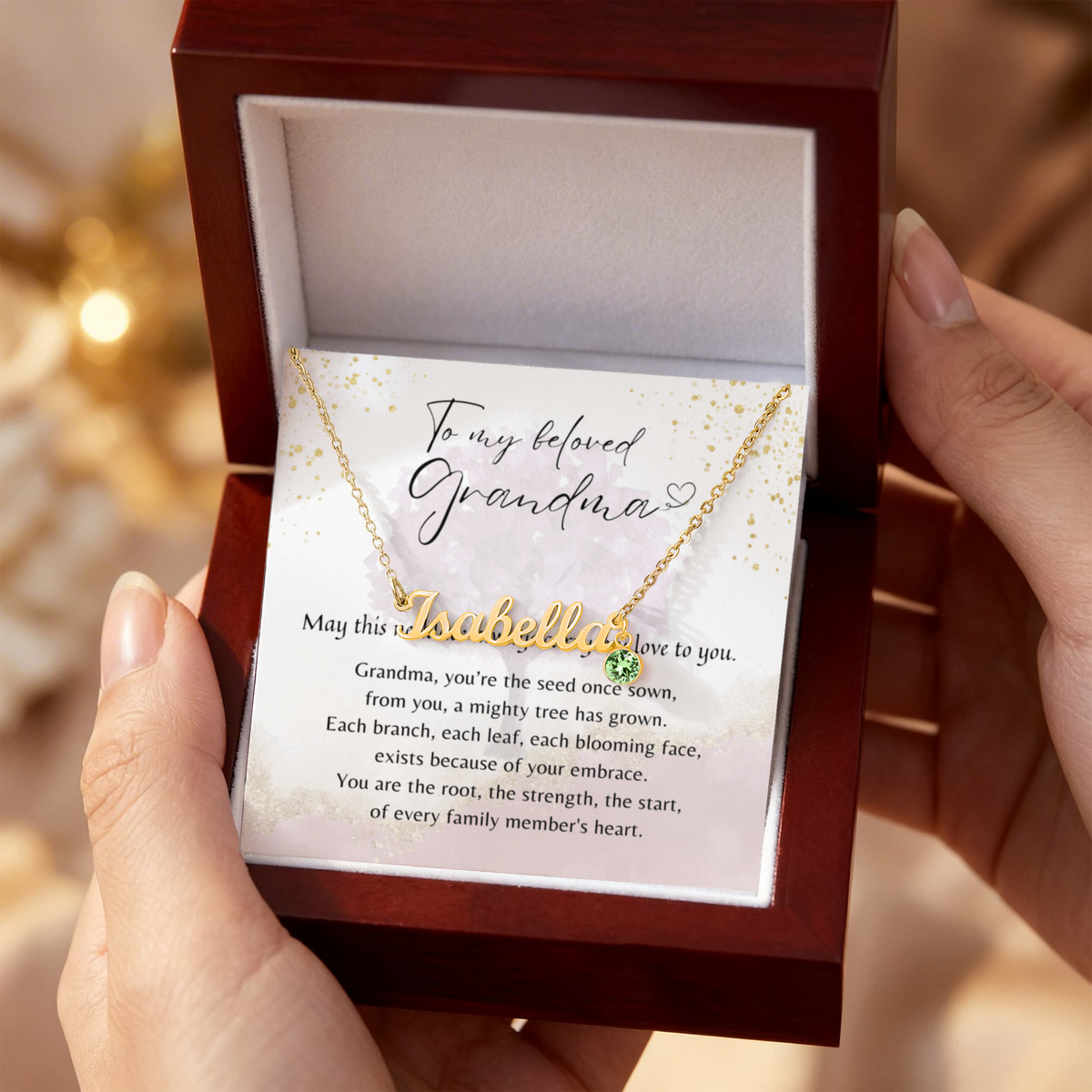 Custom Name Necklace with Birthstone for Grandma – Personalized Gift in gold script with green birthstone on delicate chain