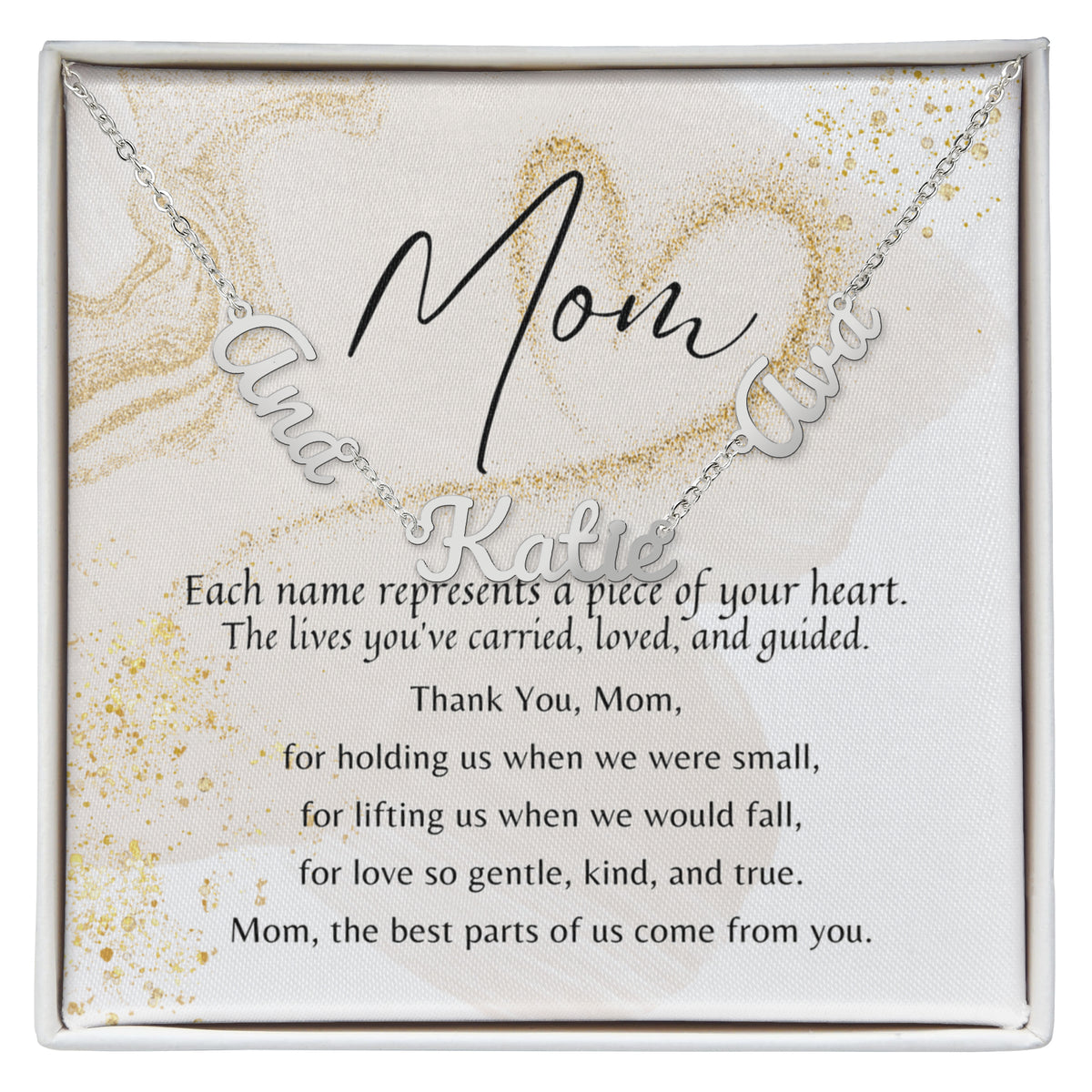 Multiple Name Necklace for Mom – A Meaningful Gift of Love | silver personalized necklace with names on chain and heartfelt poem card