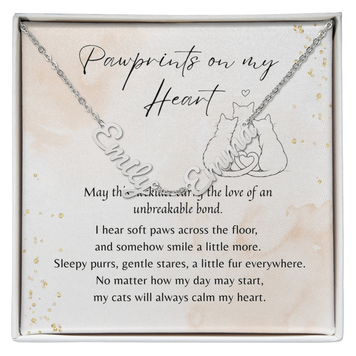 Custom Multiple Name Necklace for Cat Lover – Personalized Cat Gift with silver chain and heartfelt poem card featuring cat illustrations