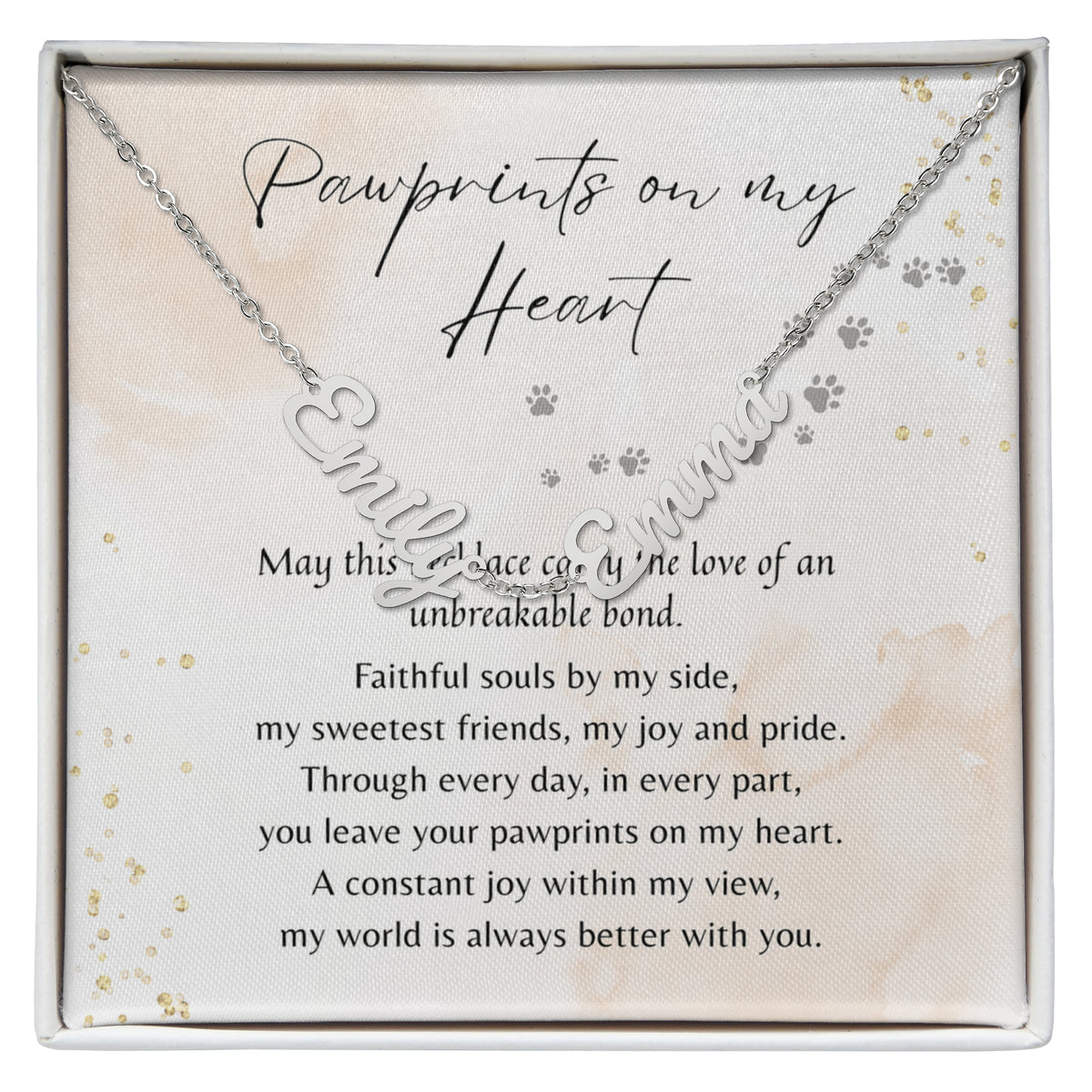 Custom Multiple Name Necklace for Dog Owner – Personalized Dog Lover Gift displayed with paw print poem card in gift box