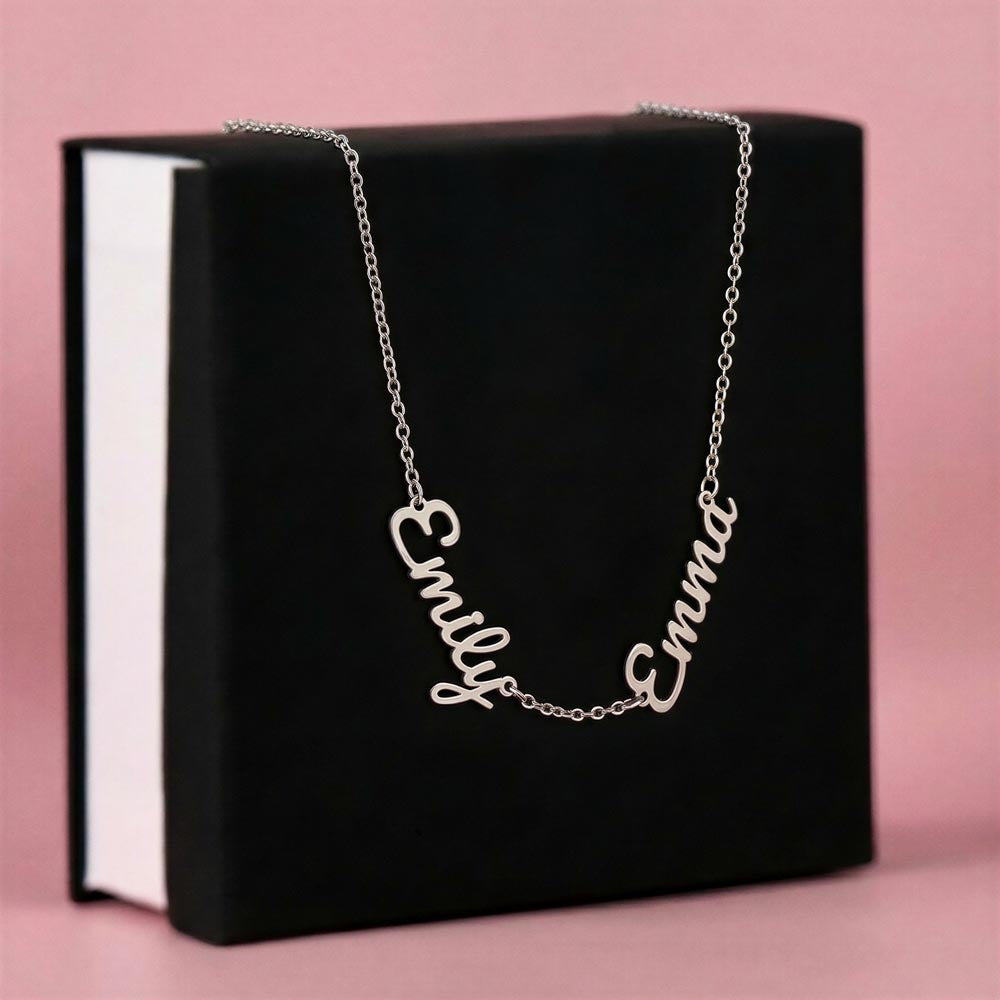 Multiple Name Necklace for Her – A Meaningful Romantic Gift of Love | elegant silver chain with two custom names displayed on black box