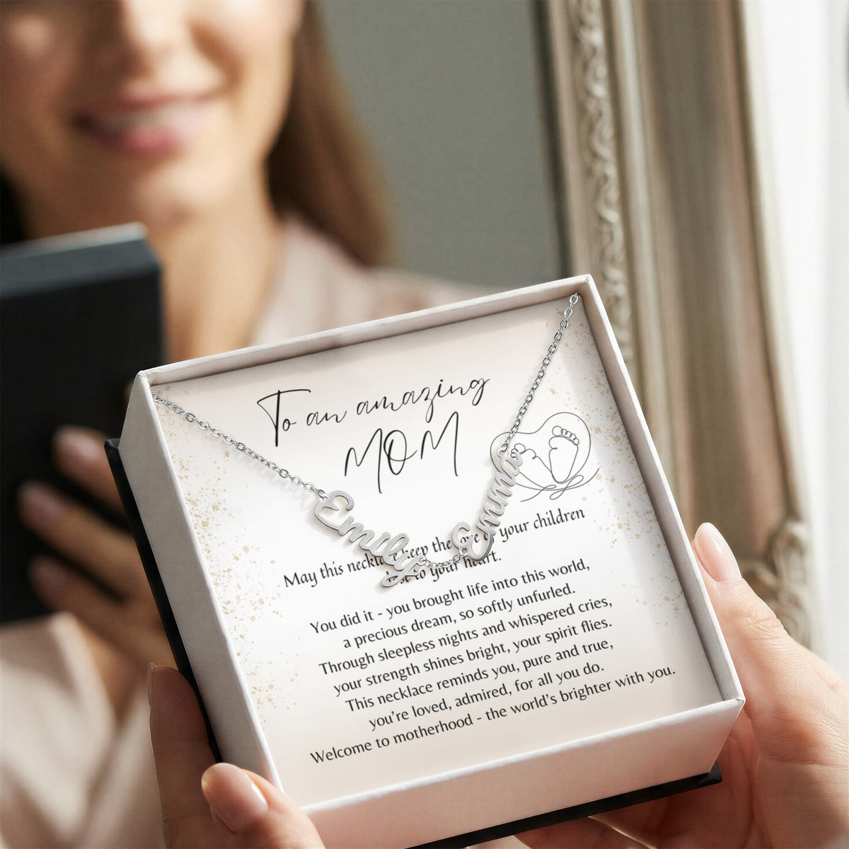 Multiple Name Necklace for New Mom – A Meaningful Gift for a New Mom | silver finish personalized necklace gift with heartfelt note