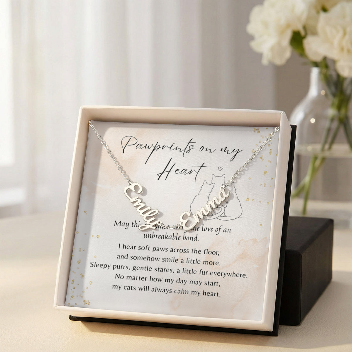 Custom Multiple Name Necklace for Cat Lover – Personalized Cat Gift with silver chain displayed on heartfelt poem card in gift box