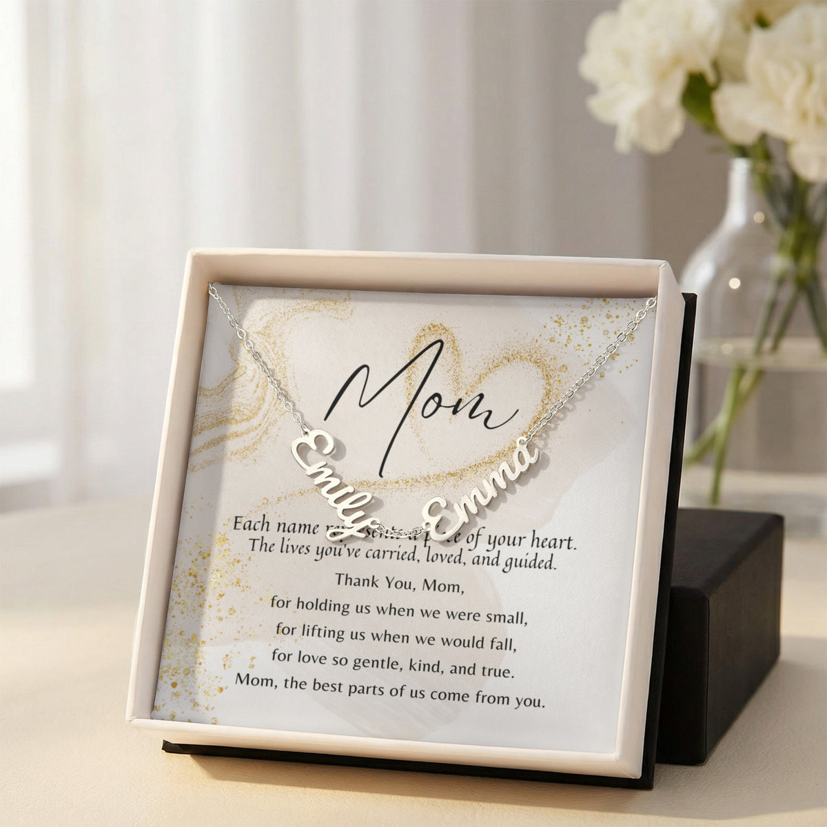 Multiple Name Necklace for Mom – A Meaningful Gift of Love | personalized heart necklace in silver with poem in elegant gift box