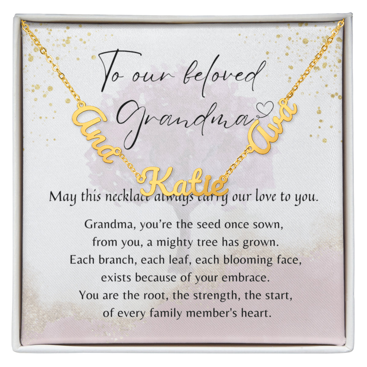 Custom Multiple Name Necklace for Grandma – Personalized Family Gift with heartfelt poem in gold-tone displayed in decorative box