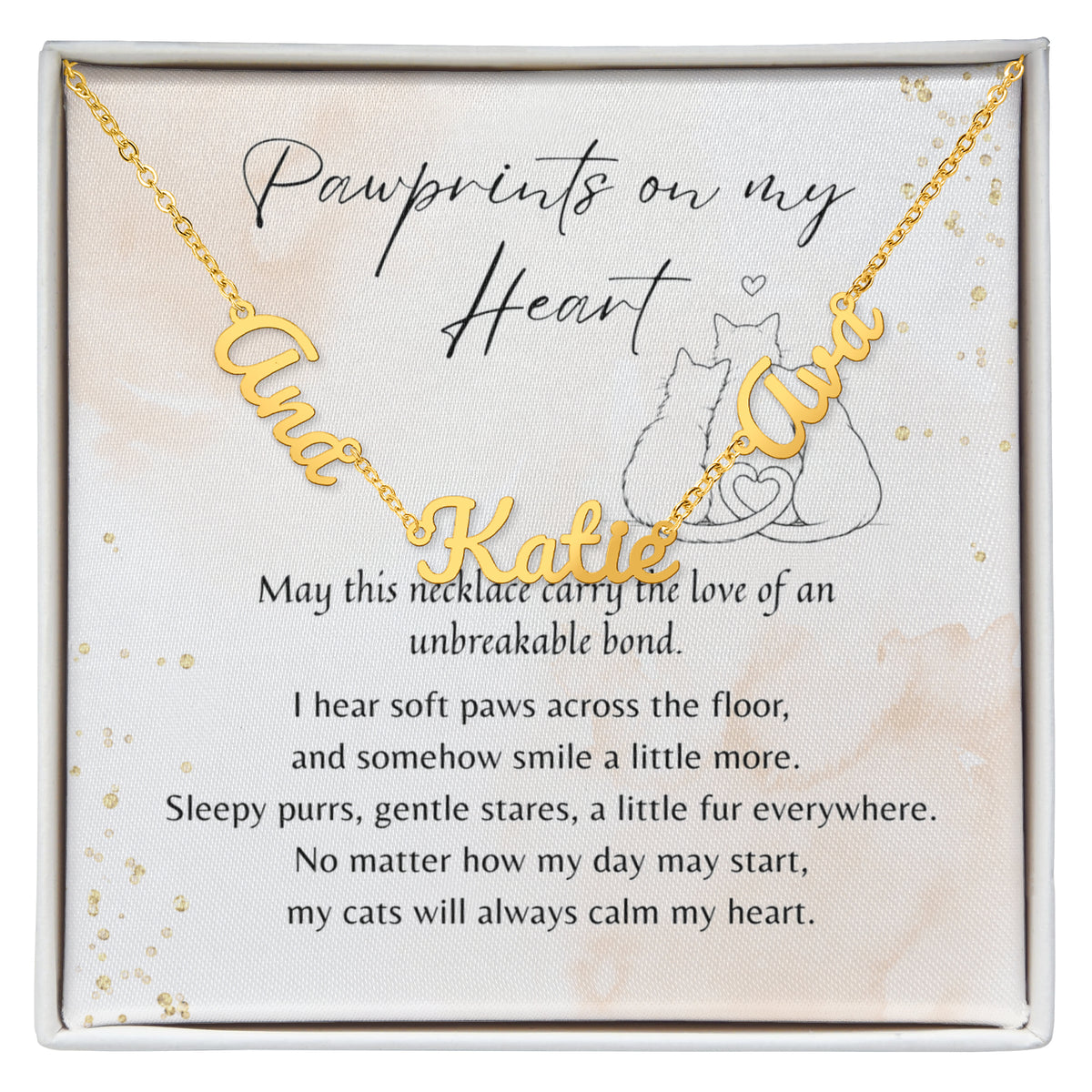 Custom Multiple Name Necklace for Cat Lover – Personalized Cat Gift displayed on poem card with cat illustration in gift box