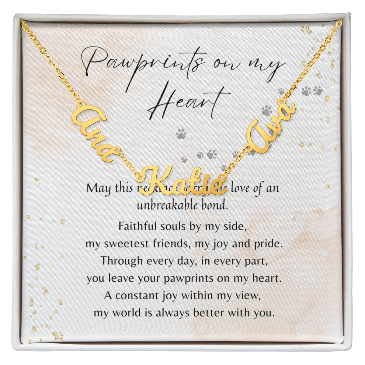 Custom Multiple Name Necklace for Dog Owner – Personalized Dog Lover Gift displayed with pawprint poem card in gift box