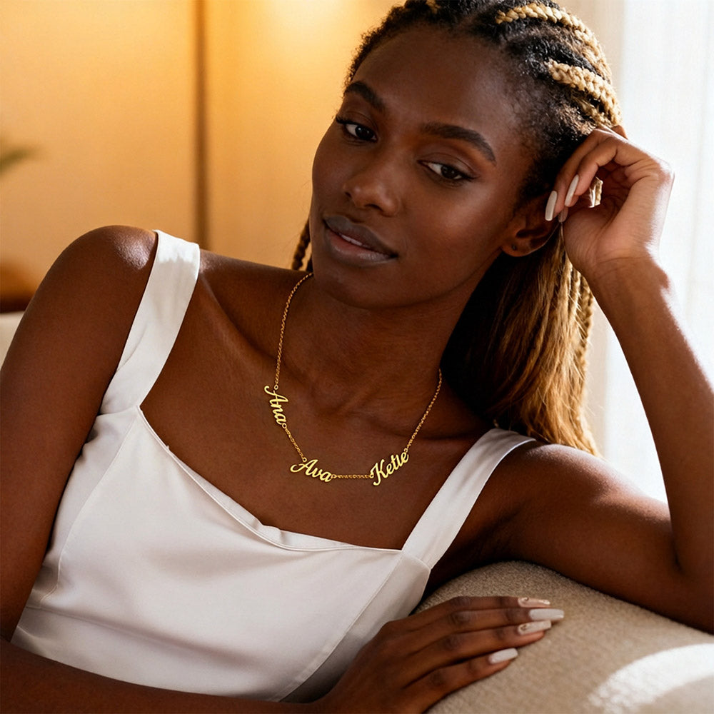 Custom Multiple Name Necklace for Cat Lover – Personalized Cat Gift worn by woman in white top as meaningful jewelry piece
