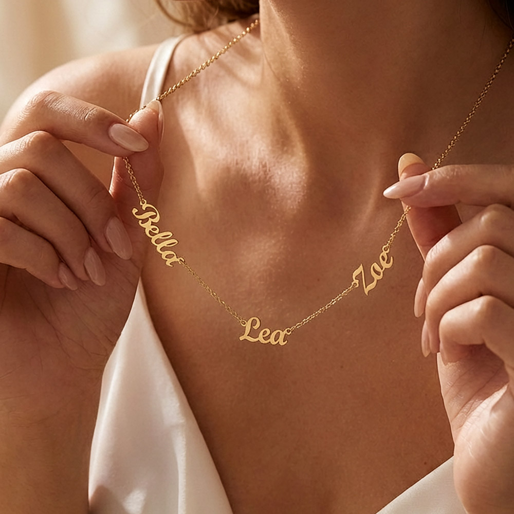 Multiple Name Necklace for Best Friend – A Meaningful Gift of Friendship | delicate 18k yellow gold finish personalized necklace worn