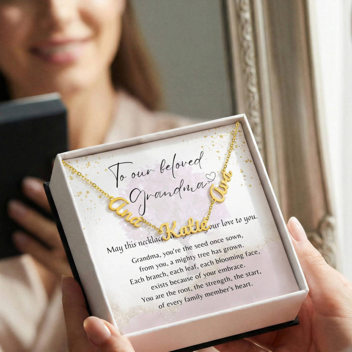 Custom Multiple Name Necklace for Grandma – Personalized Family Gift in gold with heartfelt poem card in gift box display