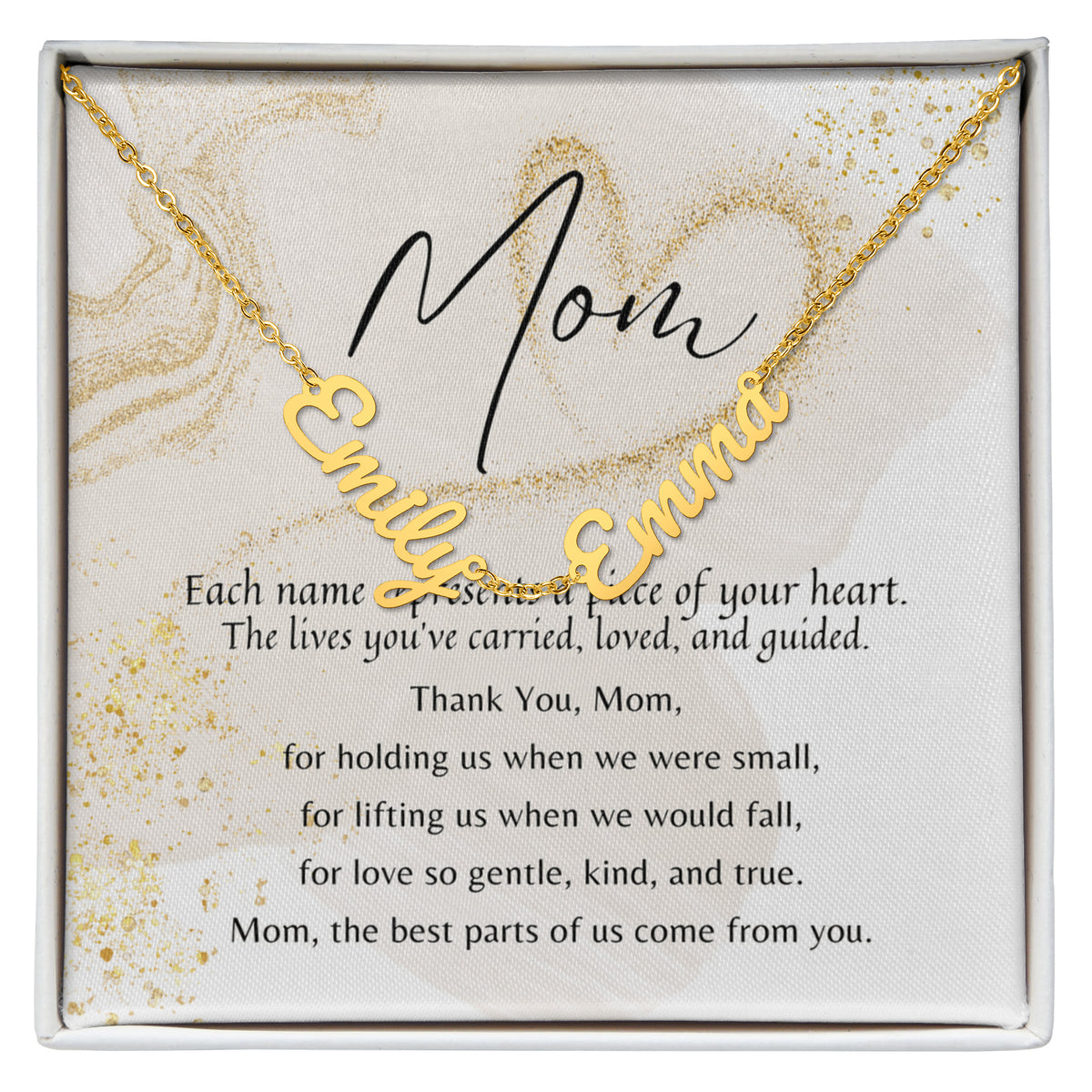 Multiple Name Necklace for Mom – A Meaningful Gift of Love | gold finish personalized necklace with two names and heartfelt poem card