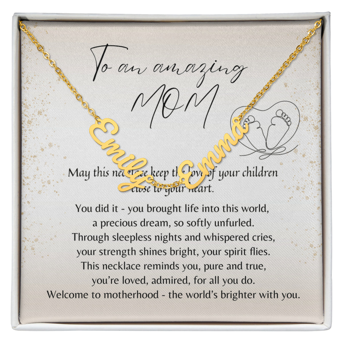Multiple Name Necklace for New Mom – A Meaningful Gift for a New Mom | gold finish personalized names necklace with heartfelt message card