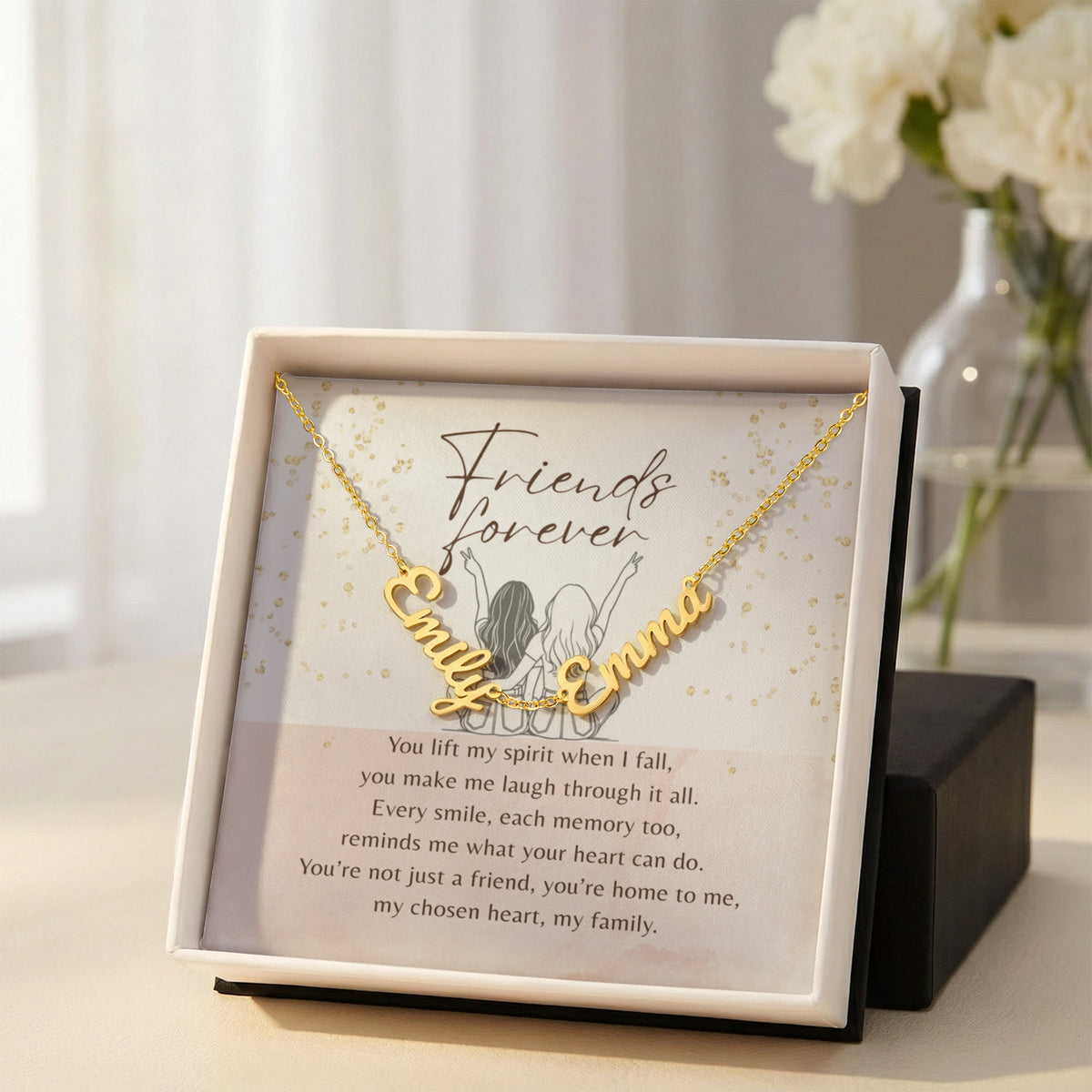 Multiple Name Necklace for Best Friend – A Meaningful Gift of Friendship | gold finish personalized necklace in gift box with friendship message