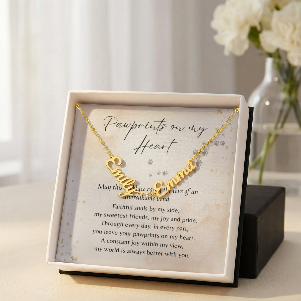 Custom Multiple Name Necklace for Dog Owner – Personalized Dog Lover Gift with gold names Emma and Emily in gift box