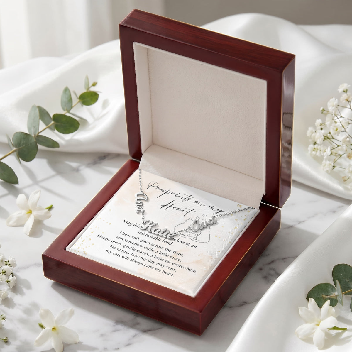 Custom Multiple Name Necklace for Cat Lover – Personalized Cat Gift displayed in wooden box with heartfelt poem card and floral accents