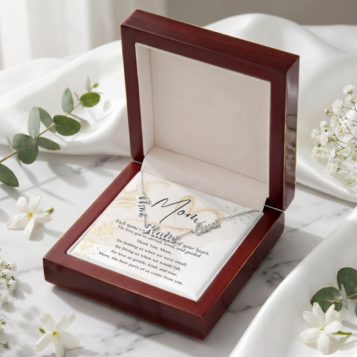 Multiple Name Necklace for Mom – A Meaningful Gift of Love | personalized necklace in wood box with heartfelt poem card and floral decor