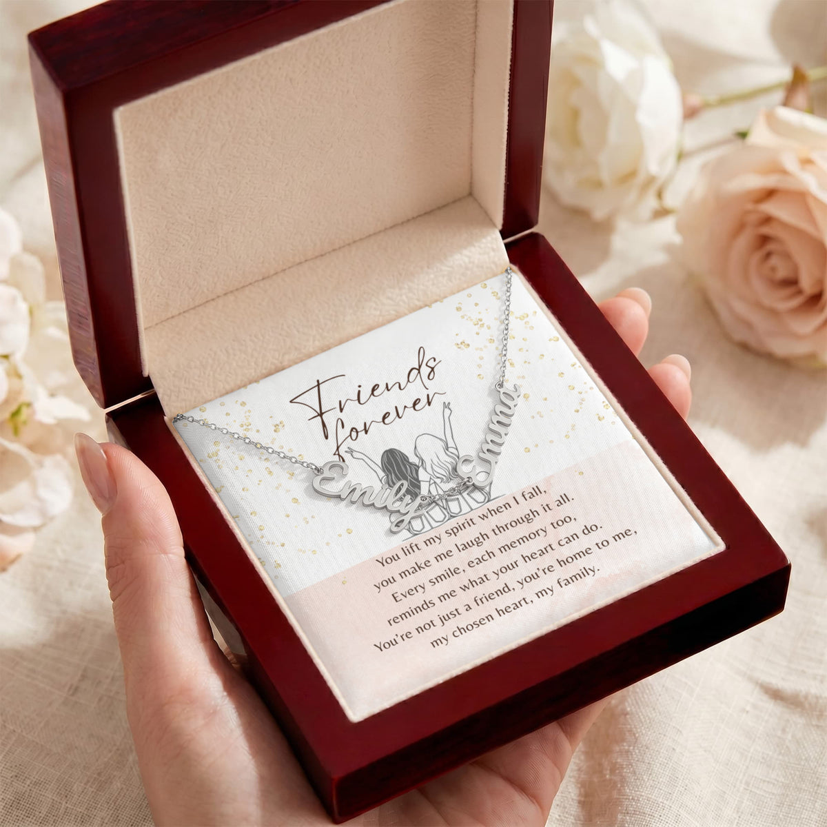 Multiple Name Necklace for Best Friend – A Meaningful Gift of Friendship | silver necklace in gift box with friendship message card