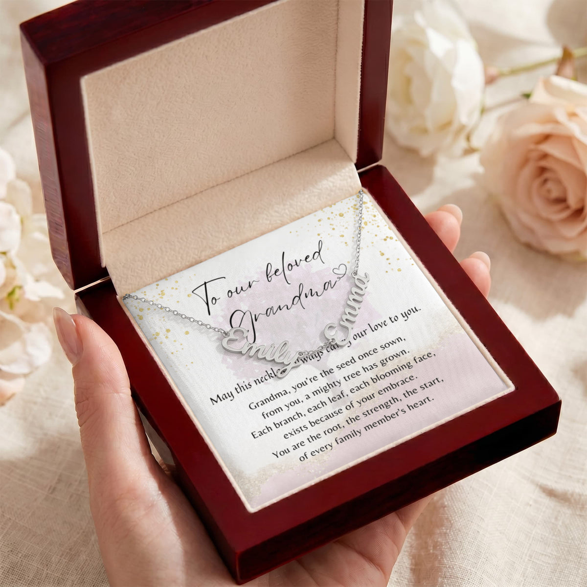 Custom Multiple Name Necklace for Grandma – Personalized Family Gift with sentimental poem card in elegant wooden box display