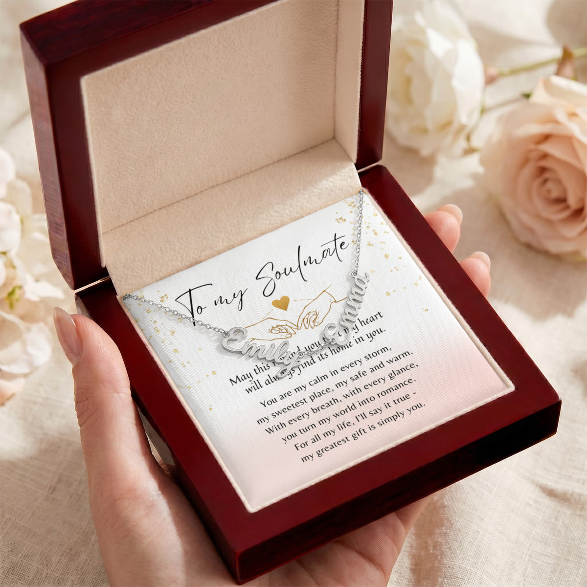 Multiple Name Necklace for Her – A Meaningful Romantic Gift of Love | elegant gold finish necklace displayed in wooden gift box with message card