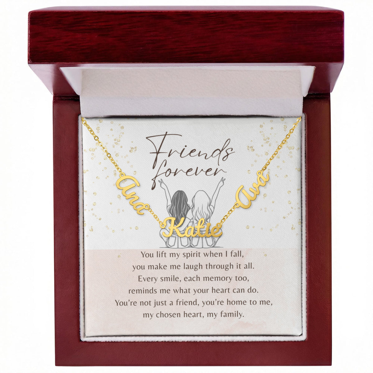 Multiple Name Necklace for Best Friend – A Meaningful Gift of Friendship | gold finish meaningful jewelry gift in wooden box with message card