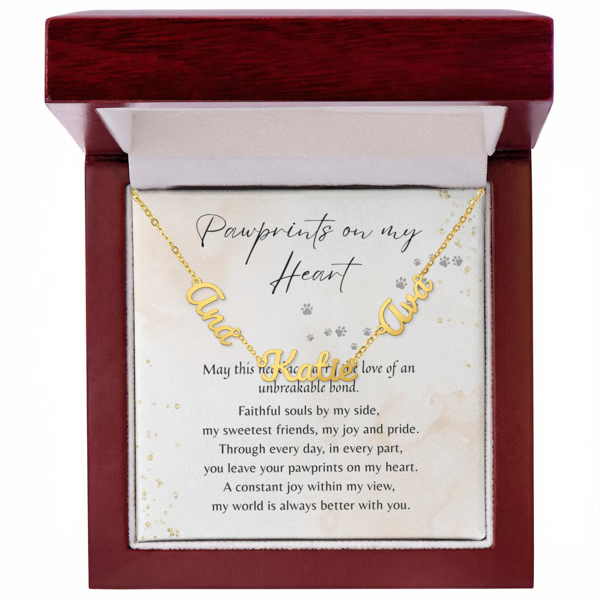 Custom Multiple Name Necklace for Dog Owner – Personalized Dog Lover Gift with gold names on chain in elegant wooden gift box