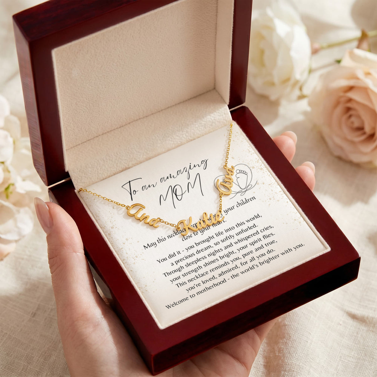Multiple Name Necklace for New Mom – A Meaningful Gift for a New Mom | gold finish personalized necklace with heartfelt message card
