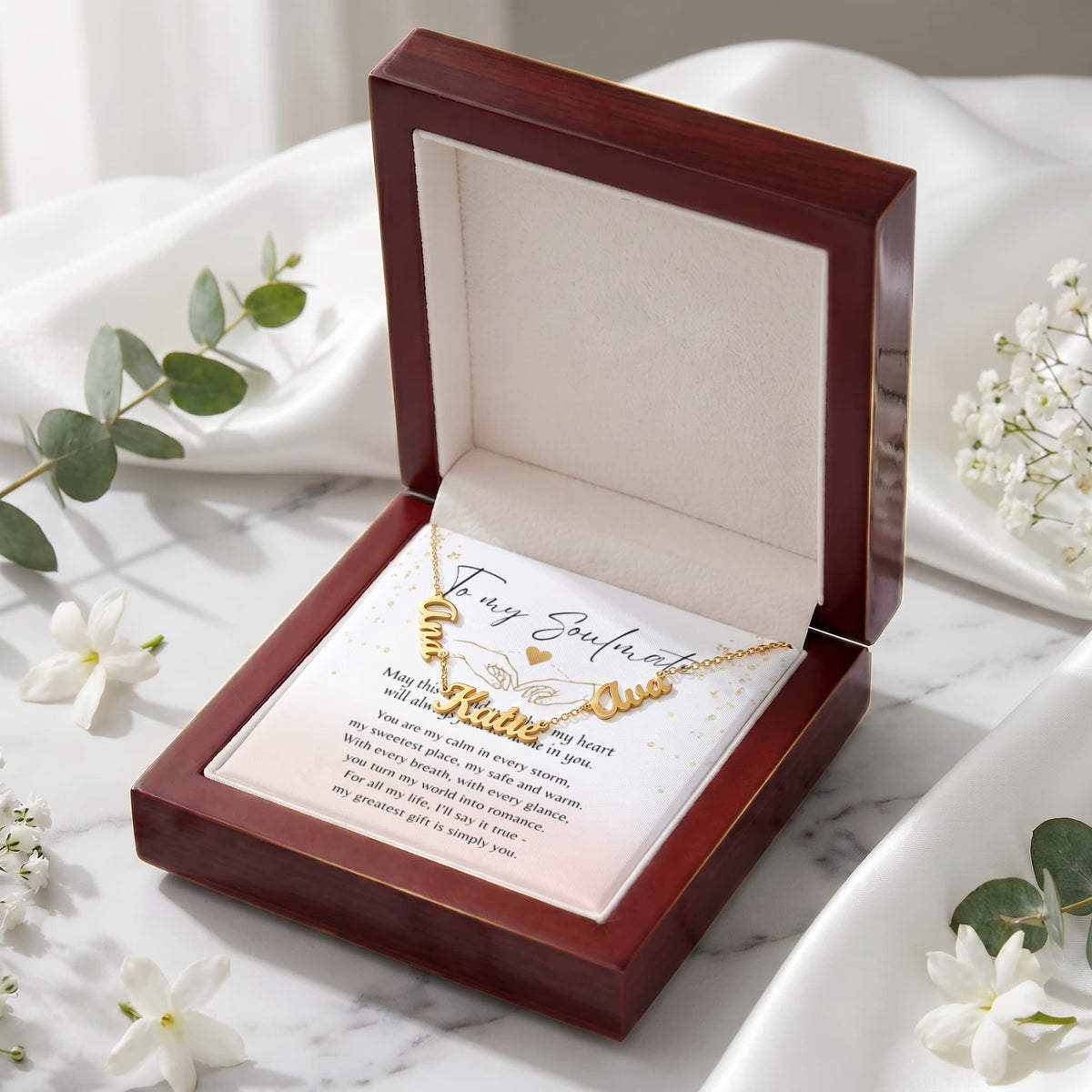 Multiple Name Necklace for Her – A Meaningful Romantic Gift of Love | gold finish necklace displayed in elegant wooden box with floral accents