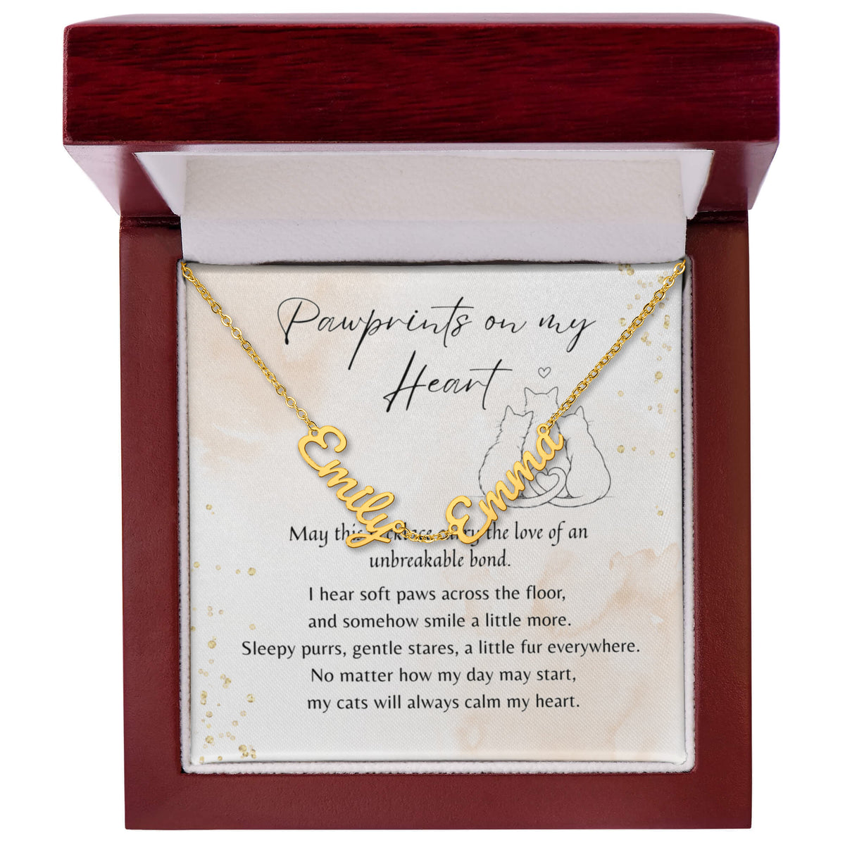 Custom Multiple Name Necklace for Cat Lover – Personalized Cat Gift with gold-tone names on delicate chain in elegant wooden box with poem