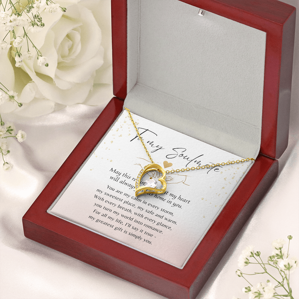 Forever Love Necklace for Her – 14k White Gold or 18k Yellow Gold Plated displayed in a gift box with a heart pendant and flowers