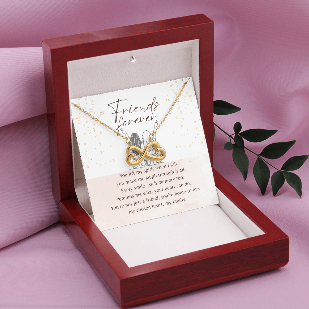 Endless Love Necklace for Best Friend – 14k White Gold or 18k Yellow Gold Plated displayed in a gift box with sentiment card