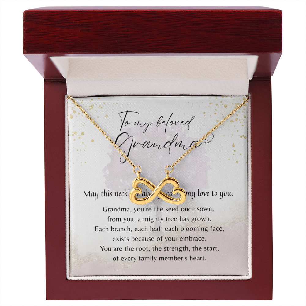 Endless Love Necklace for Grandma – A Meaningful Gift for Grandma | 14K White Gold or 18K Yellow Gold Plated displayed in wooden box with loving poem card