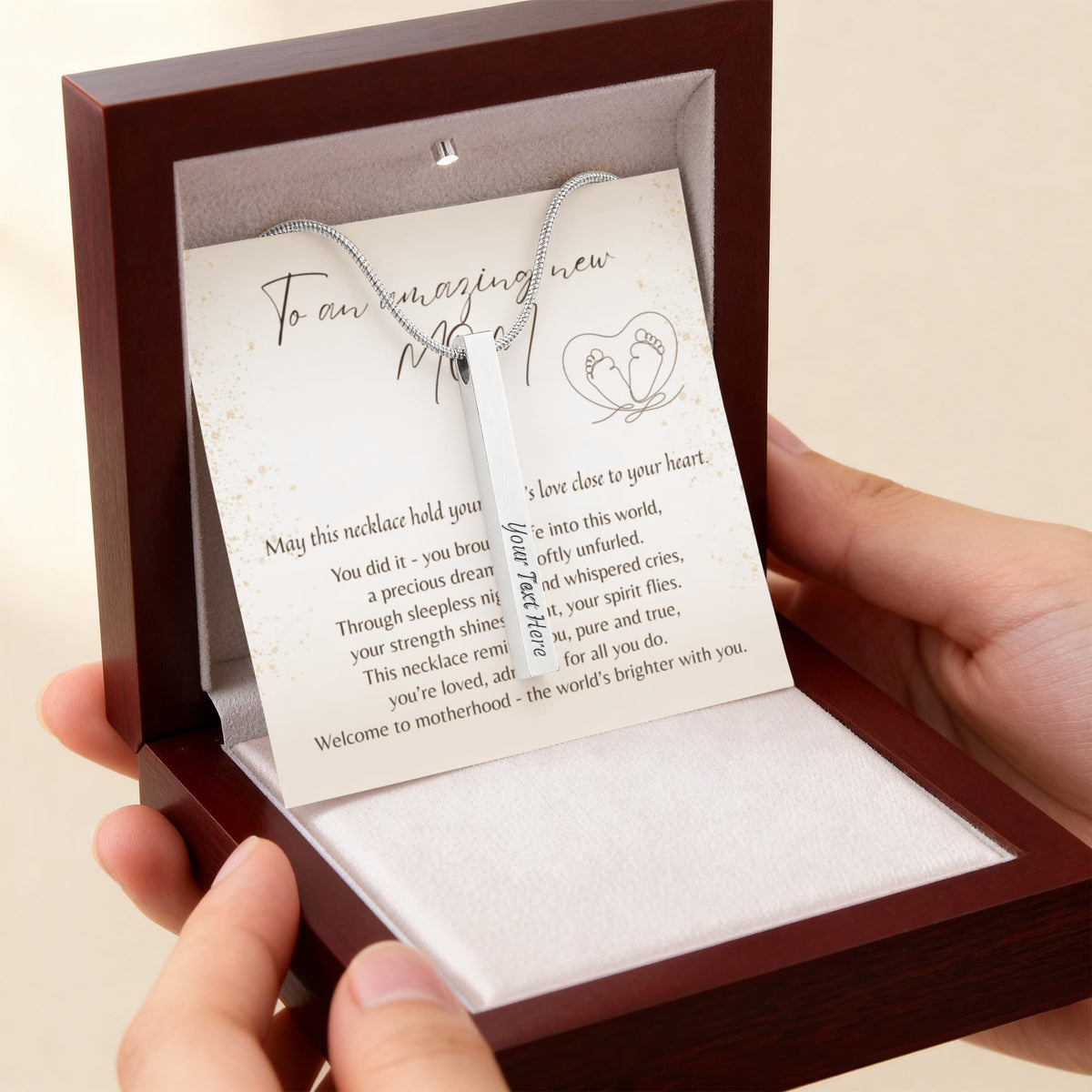 Personalized Engraved 4-Sided Bar Necklace for New Mom – A Meaningful Gift for a New Mom | Stainless Steel or 18k Gold Finish displayed in wooden gift box