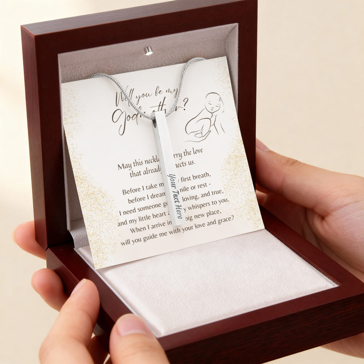 Personalized Engraved 4-Sided Bar Necklace for Godmother – A Meaningful Godmother Proposal Gift | Stainless Steel or 18K Gold Finish displayed in wooden box with card