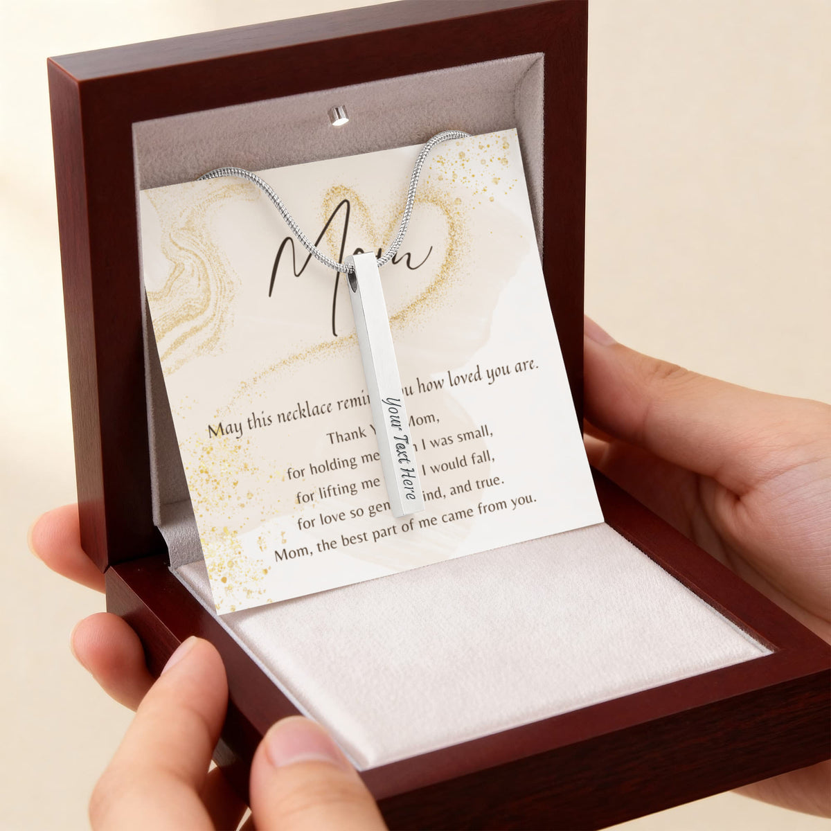 Personalized Engraved 4-Sided Bar Necklace for Mom – A Meaningful Gift of Love | Stainless Steel or 18k Gold Finish displayed in a gift box