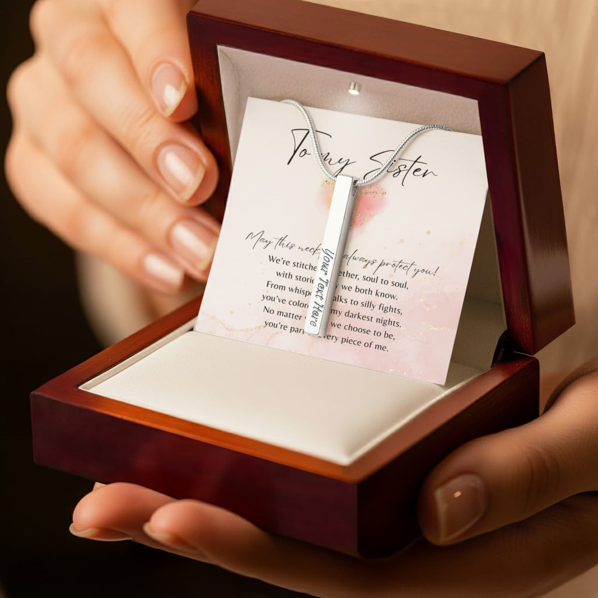 Personalized Engraved 4-Sided Bar Necklace for Sister –A Meaningful Gift of Sisterhood | Stainless Steel or 18k Gold Finish in gift box