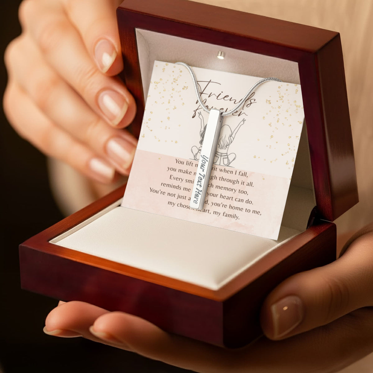 Engraved 4-Sided Bar Necklace for Best Friend – A Meaningful Gift of Friendship stainless steel necklace in gift box with poem card