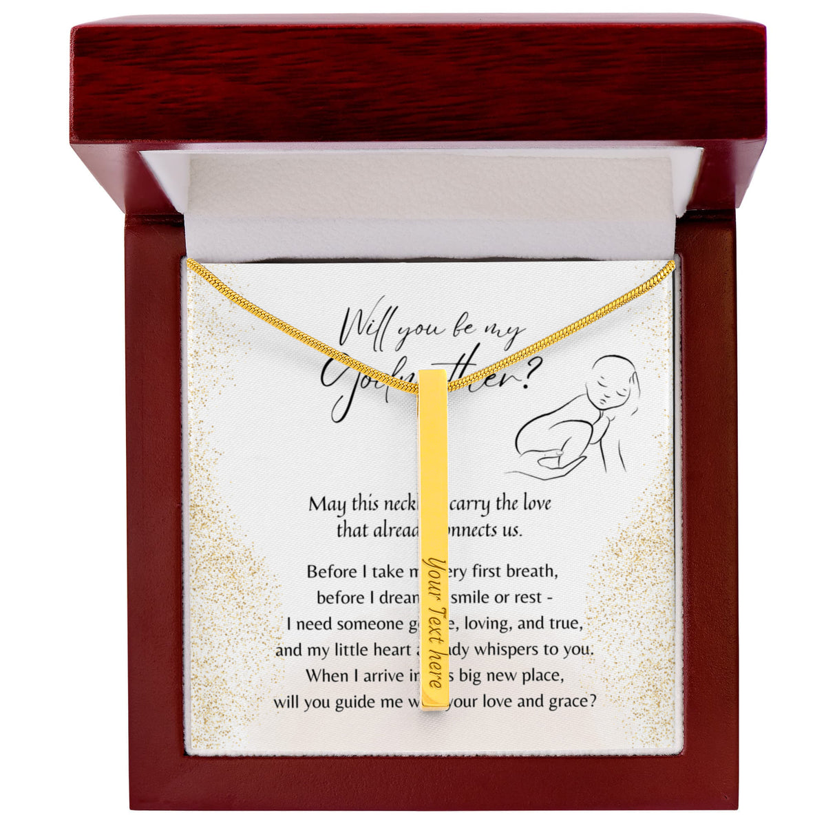 Personalized Engraved 4-Sided Bar Necklace for Godmother – A Meaningful Godmother Proposal Gift | Stainless Steel or 18K Gold Finish displayed in polished wooden box