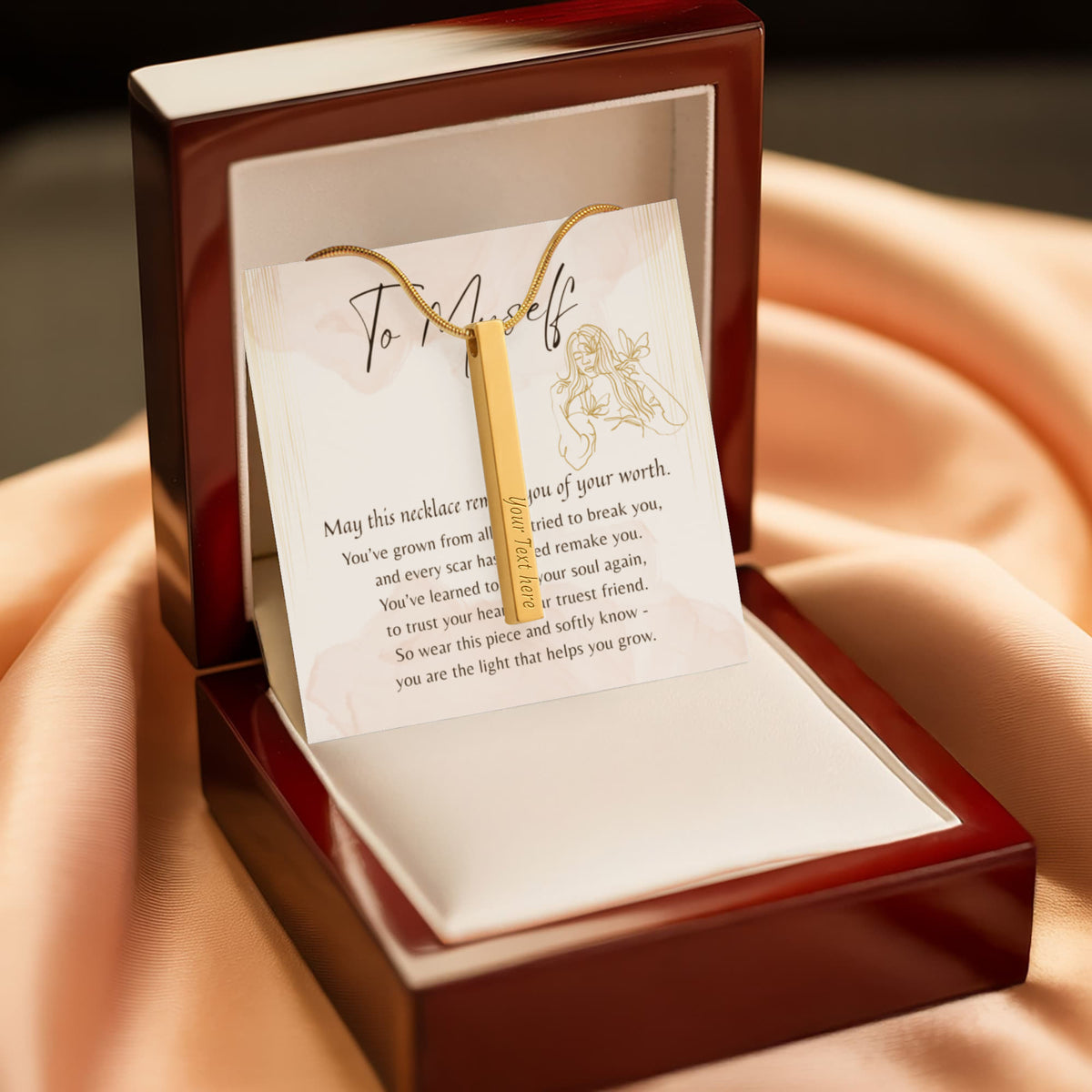 Engraved 4-Sided Bar Necklace for Myself - A thoughtful Gift to Myself in 18k Gold Finish presented in a wooden gift box
