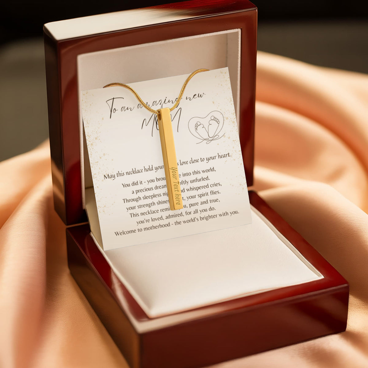 Personalized Engraved 4-Sided Bar Necklace for New Mom – A Meaningful Gift for a New Mom | Stainless Steel or 18k Gold Finish displayed in wooden box