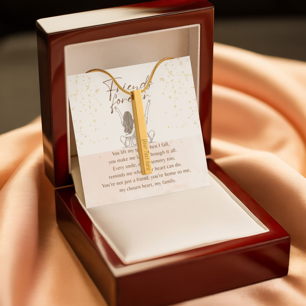 Engraved 4-Sided Bar Necklace for Best Friend – A Meaningful Gift of Friendship in 18k Gold Finish displayed in elegant gift box