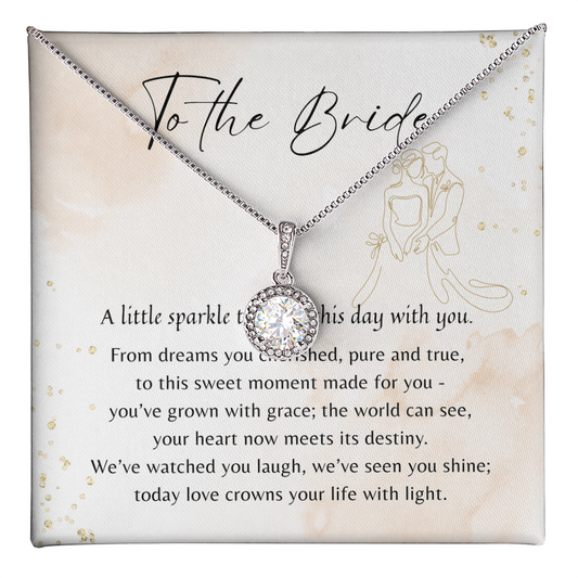 Eternal Hope Necklace for Bride – 14k White Gold Plated with sparkling pendant on gift card with bridal poem message