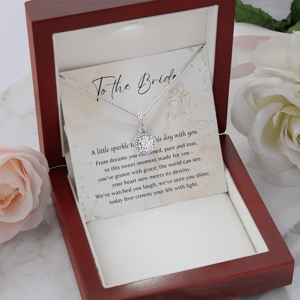 Eternal Hope Necklace for Bride – 14k White Gold Plated displayed in a wooden gift box with a heartfelt message card