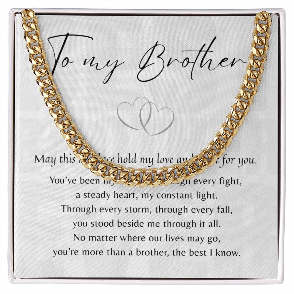 Cuban Link Chain for Brother - Brother Gift displayed on meaningful message card with intertwined hearts in gift box
